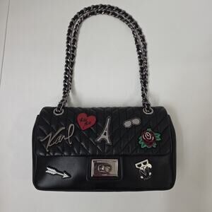 Karl Lagerfeld Paris Quilted Shoulder Bag Black Leather Chain Strap Patch Purse